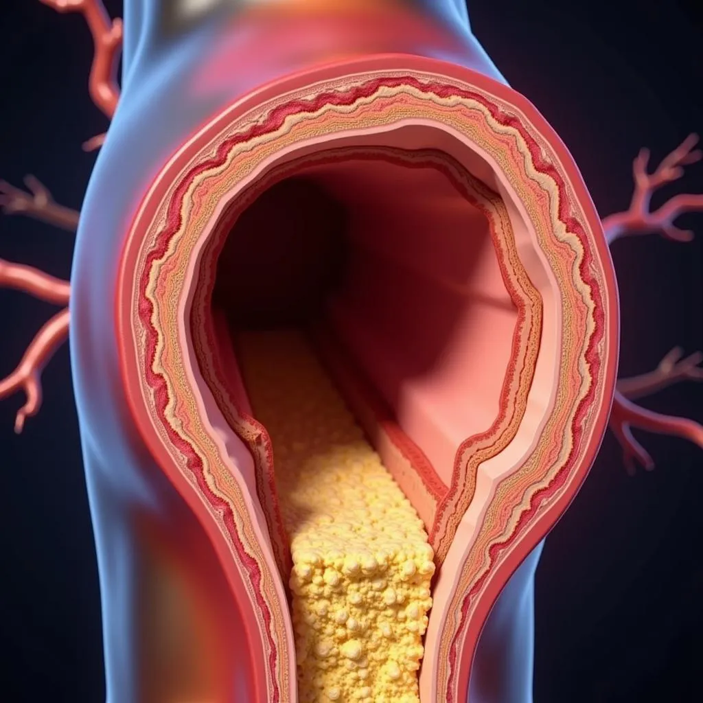 Cross-section of an artery with plaque buildup, illustrating atherosclerosis