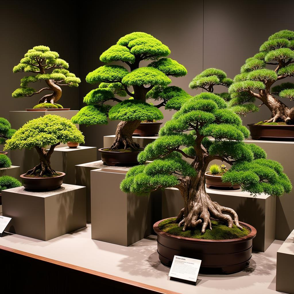 A serene bonsai display at the Atlanta Bonsai Society exhibition