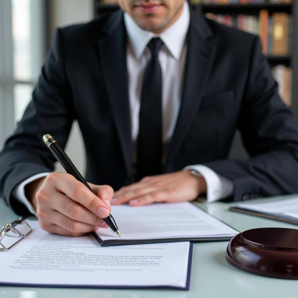 An attorney reviewing legal documents at their desk