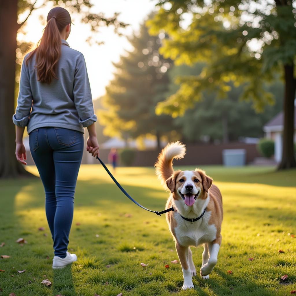 Volunteer walking a dog at the Auburn Humane Society