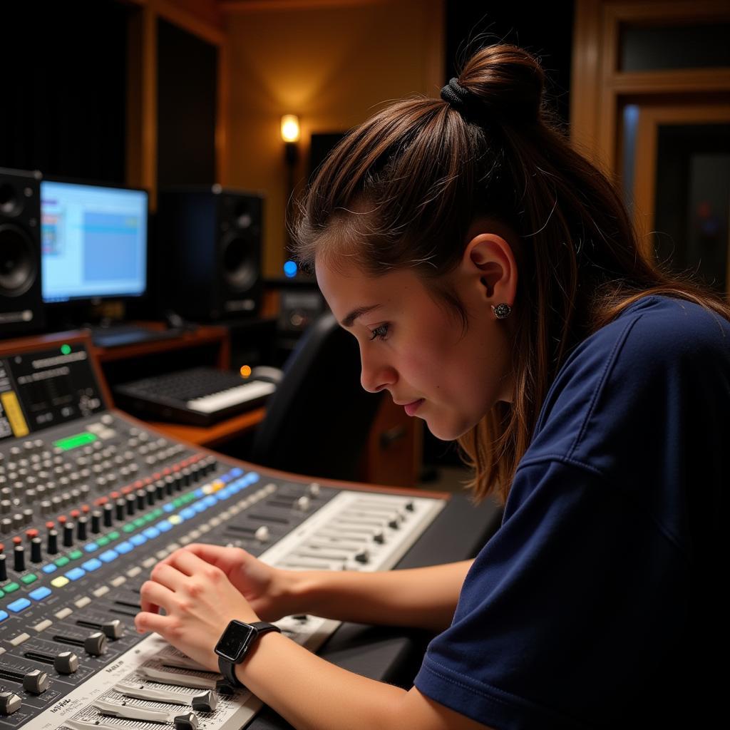 Audio engineering student working on a mixing console