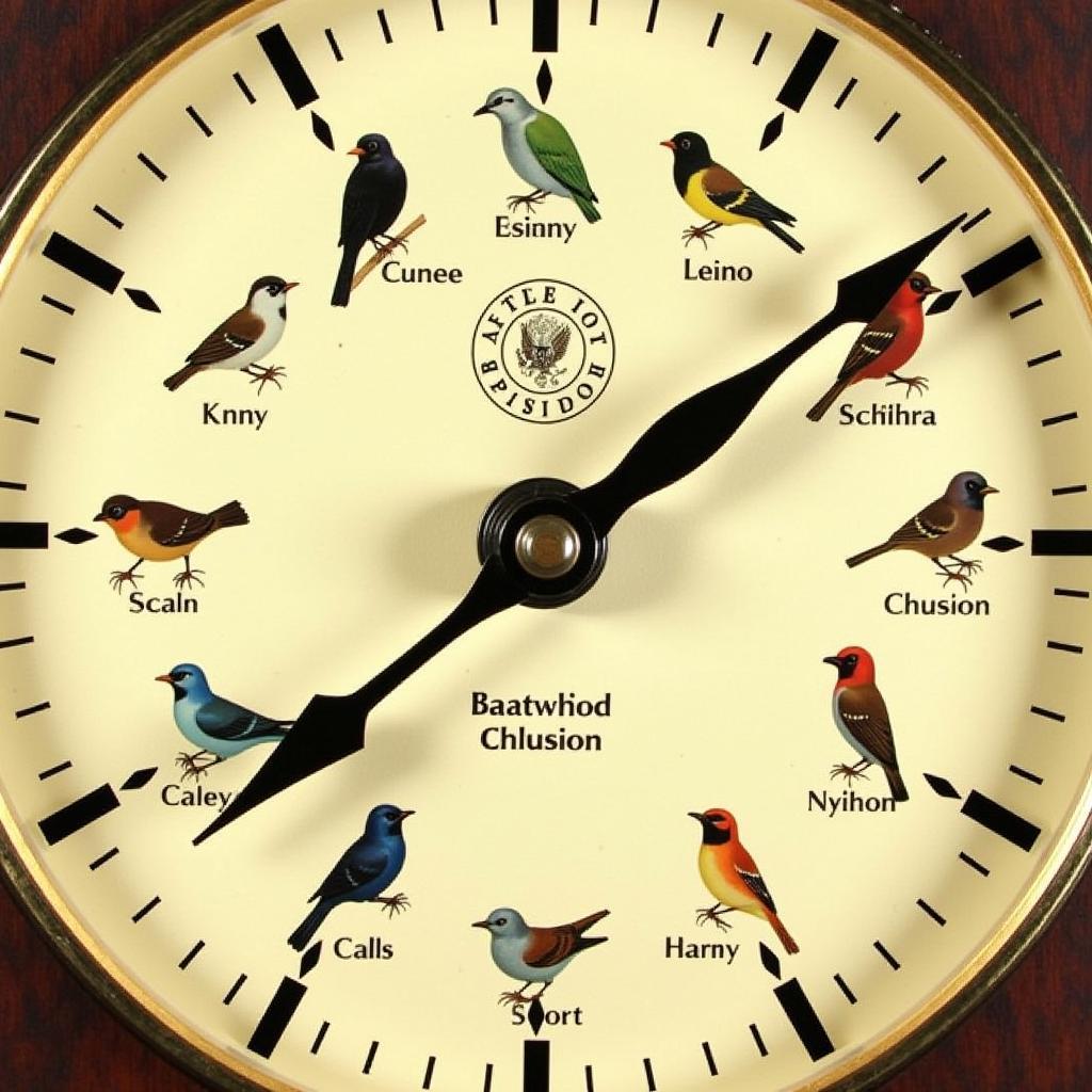 Close-up of Audubon Clock Face with Bird Illustrations and Hour Markers