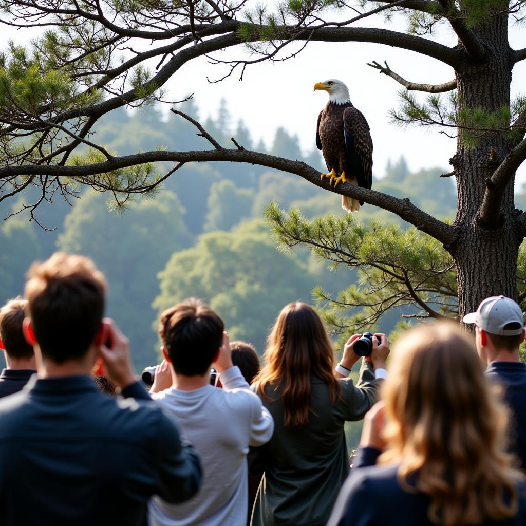 Audubon Society members observing a Bald Eagle in its natural habitat