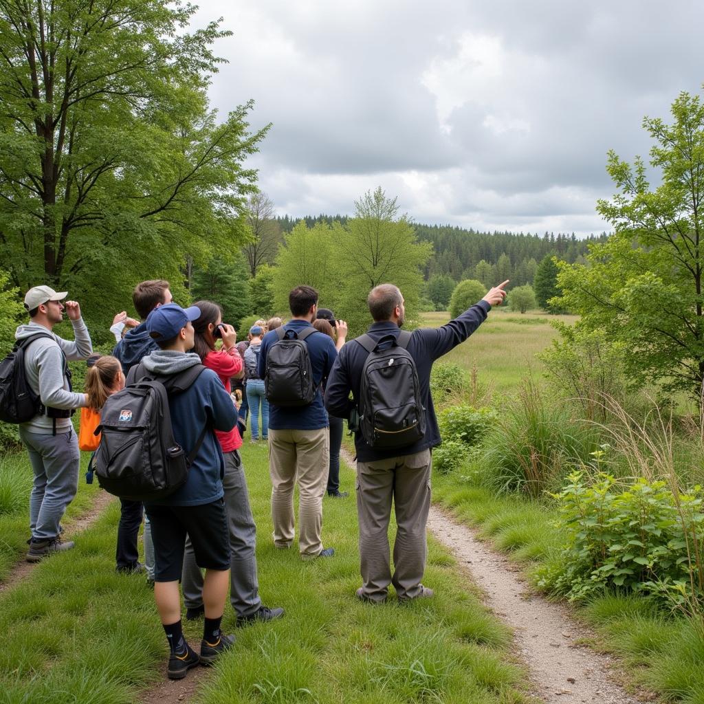 Bird enthusiasts participating in a guided bird walk at the Audubon Society Sea & Sage Chapter