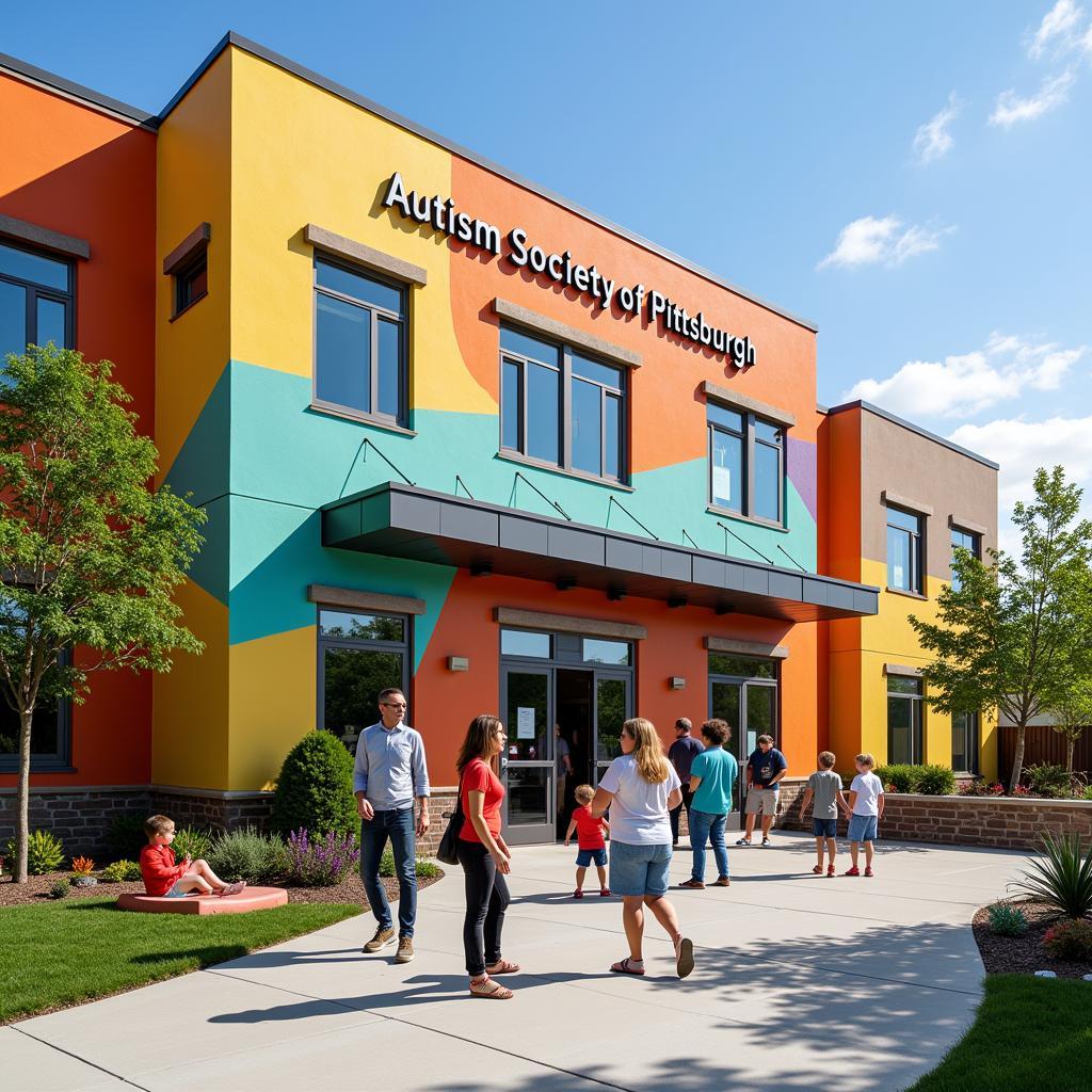 The Autism Society of Pittsburgh building with a welcoming entrance and families interacting outside