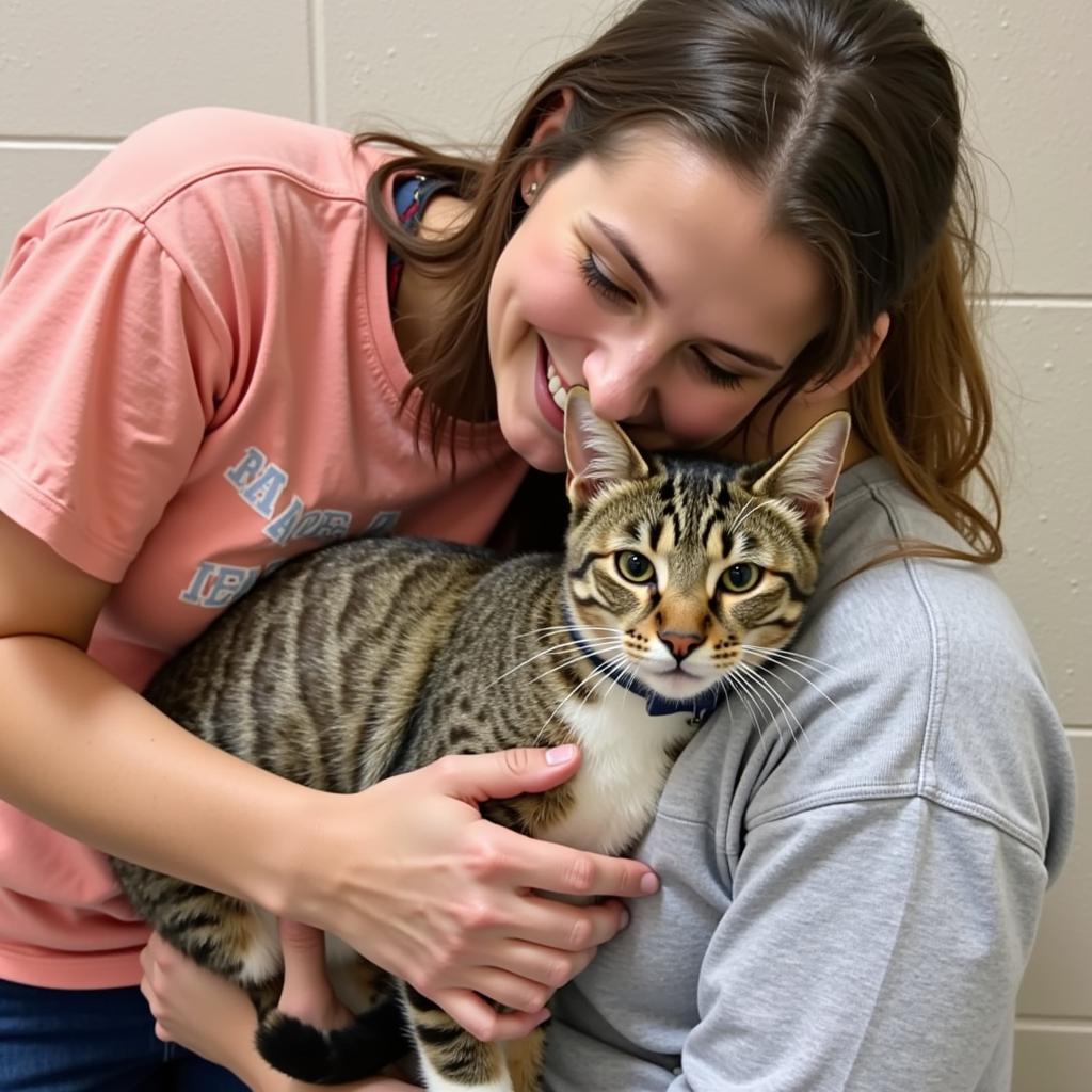 Volunteer cuddling a cat at Avery Humane Society