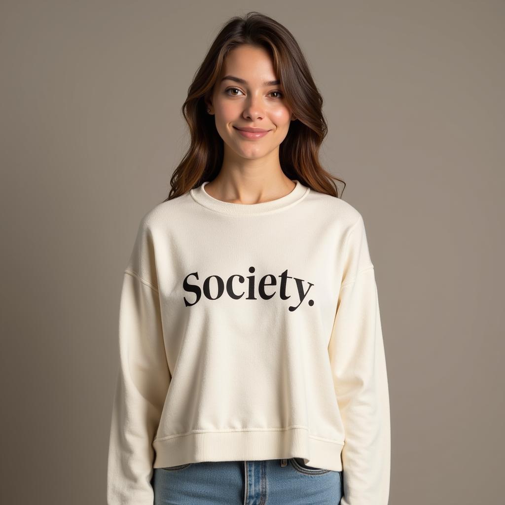 Woman wearing a Babaton Society sweater, smiling.