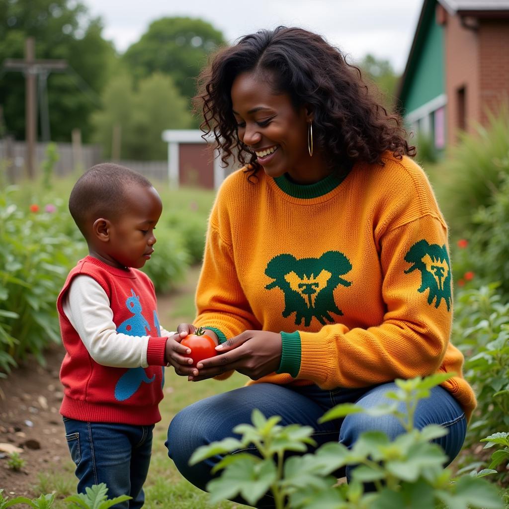 A person wearing a Babaton Society sweater volunteering at a community garden.