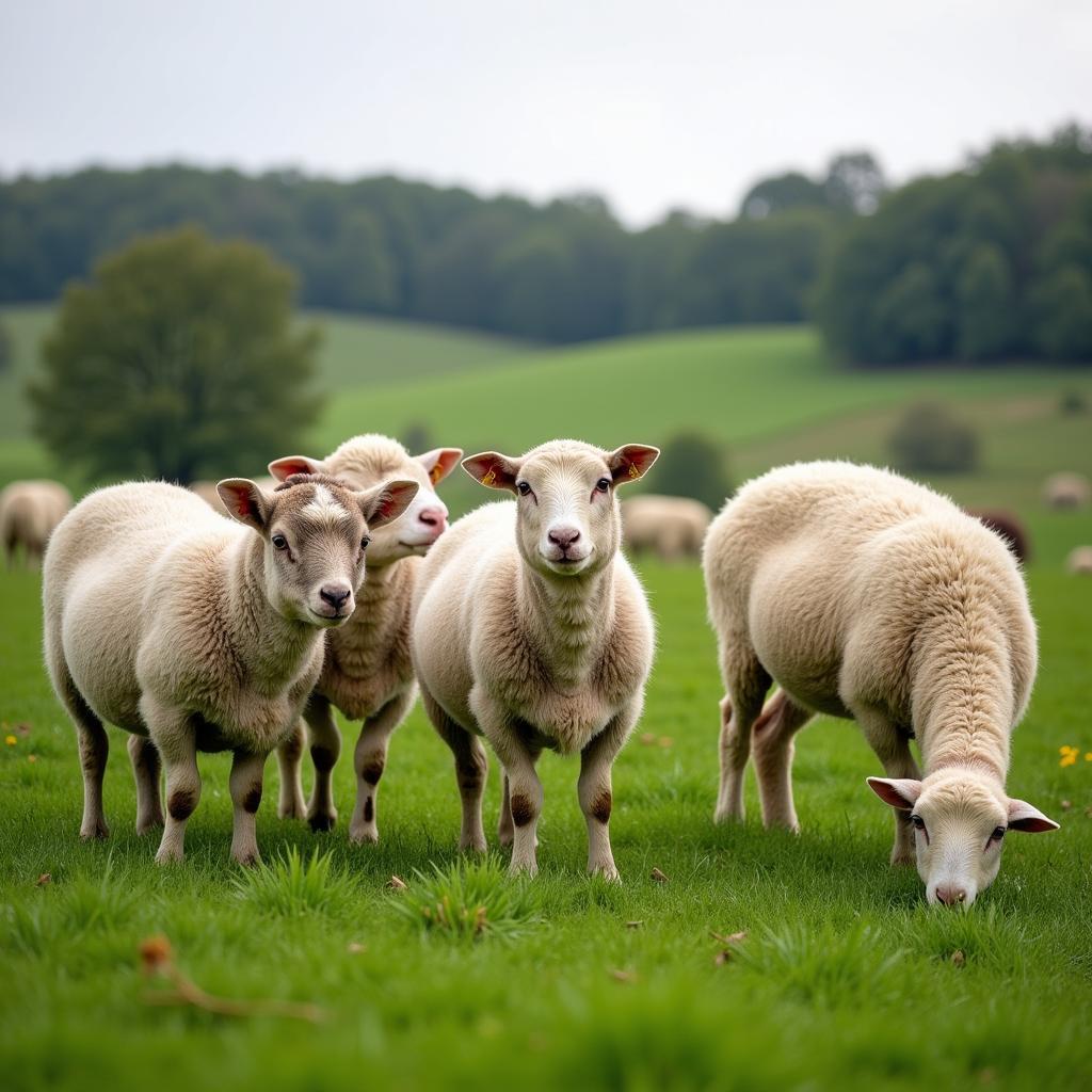 Badger Face Sheep Grazing Peacefully in a Green Field