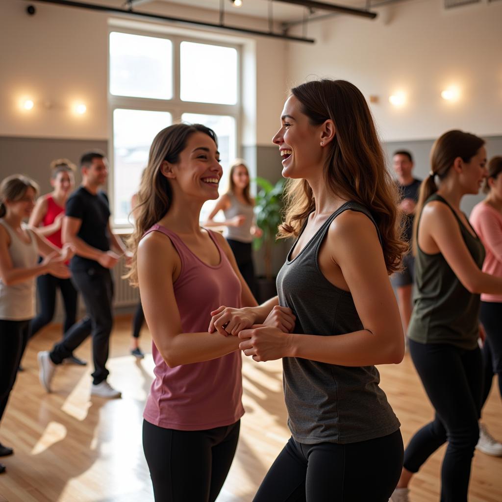 Diverse group of people enjoying a lively dance class at Baila Society