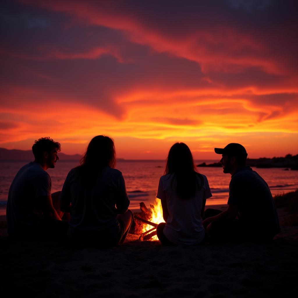 Silhouettes of people enjoying a bonfire on the beach against a vibrant Baja sunset