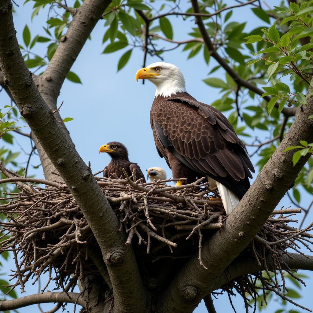 Bald eagle tending to its young in a nest