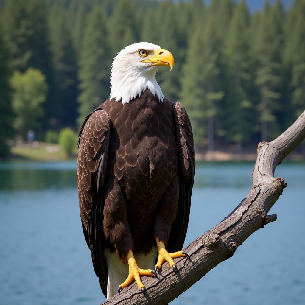 Bald eagle perched on a branch overlooking a lake