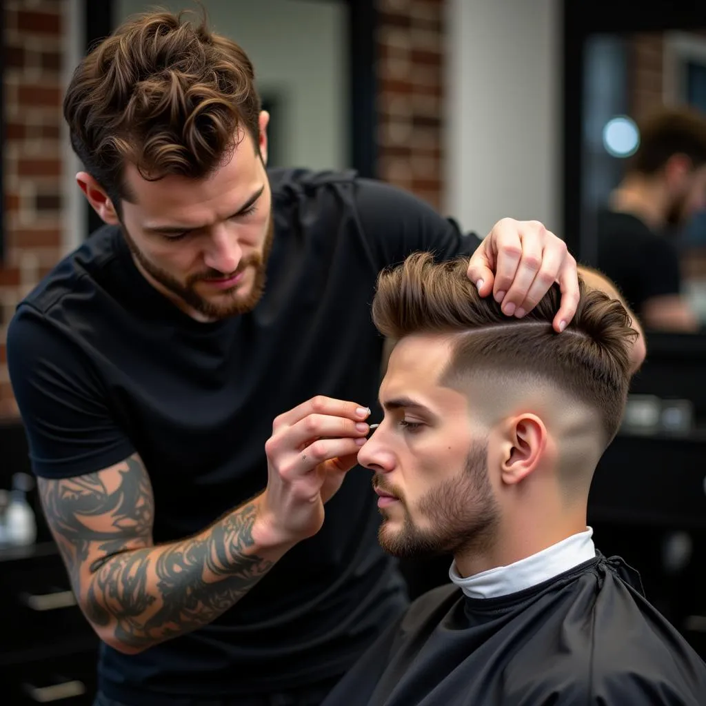 Skilled barber meticulously crafting an intricate haircut for a client