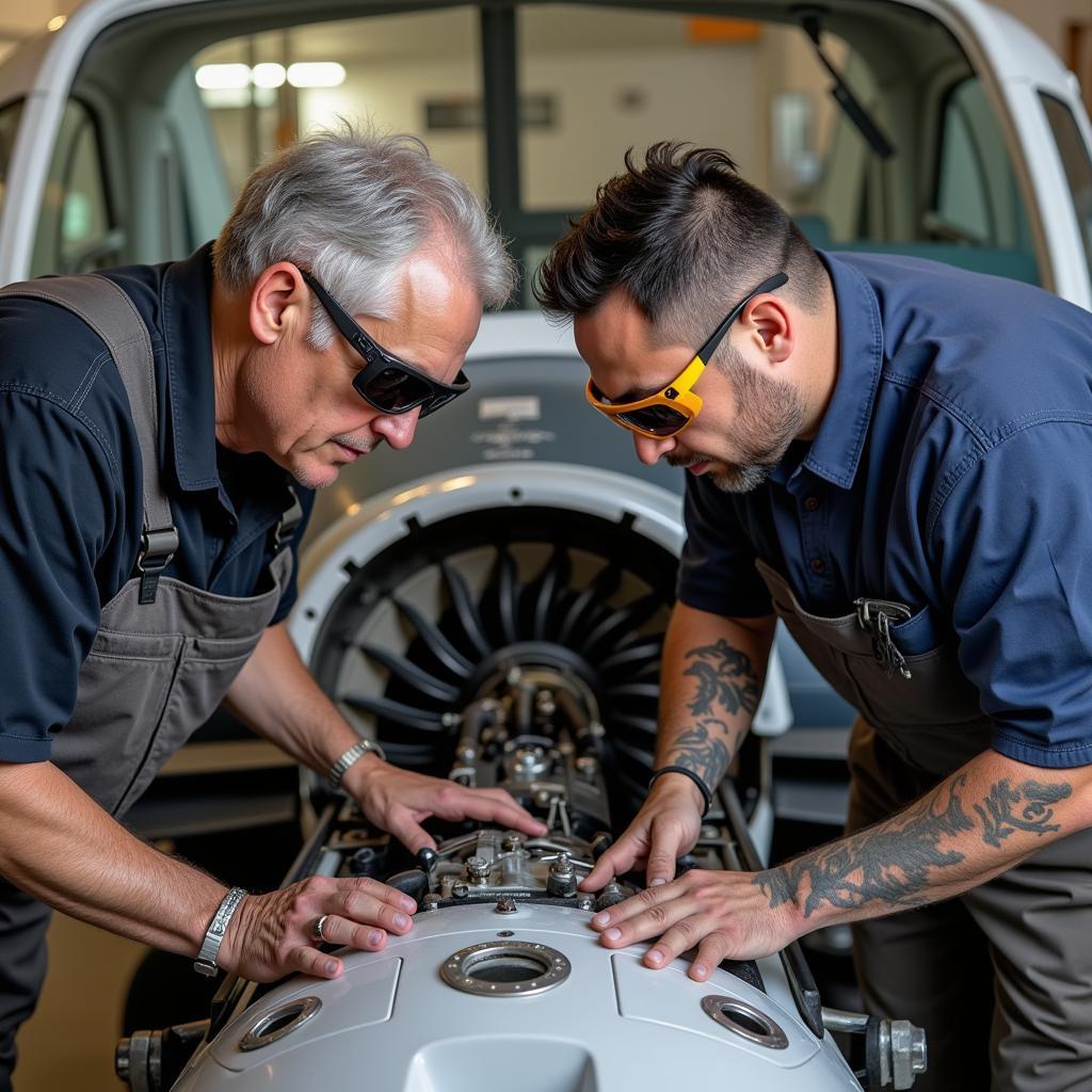 Bayport Aerodrome Society Members Collaborating on Airplane Engine Maintenance