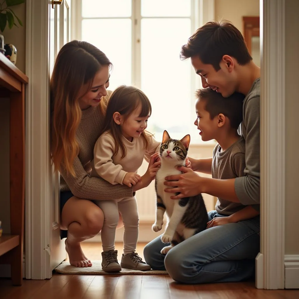 A happy family welcoming their newly adopted cat from the Bedford County Humane Society