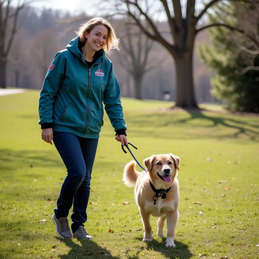 A volunteer joyfully walking a dog from the Bedford County Humane Society