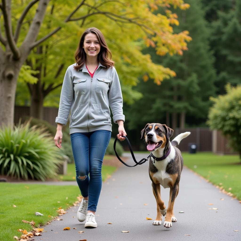 A volunteer joyfully walks a happy dog on a leash outside the Bellevue Humane Society, surrounded by green grass and trees.