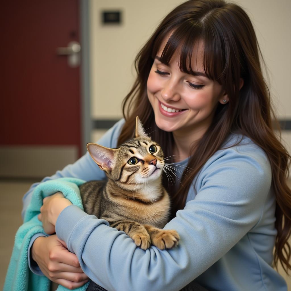  A cat available for adoption at the Belmont County Humane Society interacts with a potential adopter