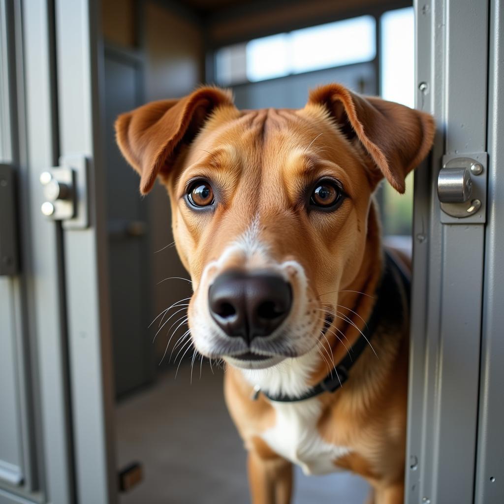 Dog patiently waiting in a kennel at Benton County Humane Society