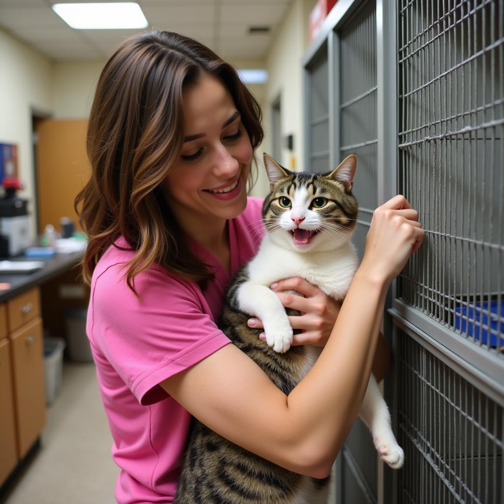 Volunteer gently petting a cat at the Benton County Humane Society