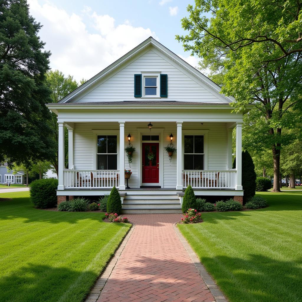 Benzie Area Historical Museum's exterior with a welcoming porch and lush greenery