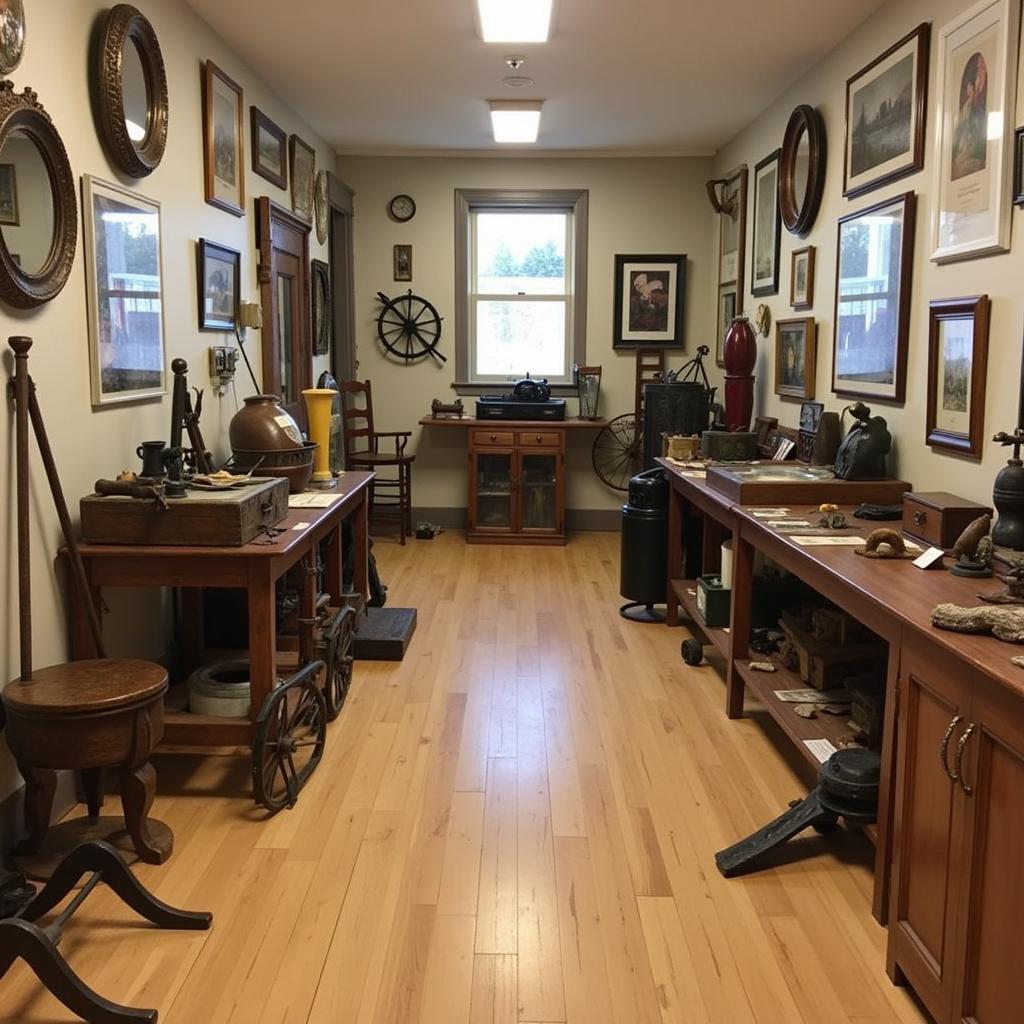 Interior of the Benzie Area Historical Museum with an exhibit showcasing vintage tools and equipment