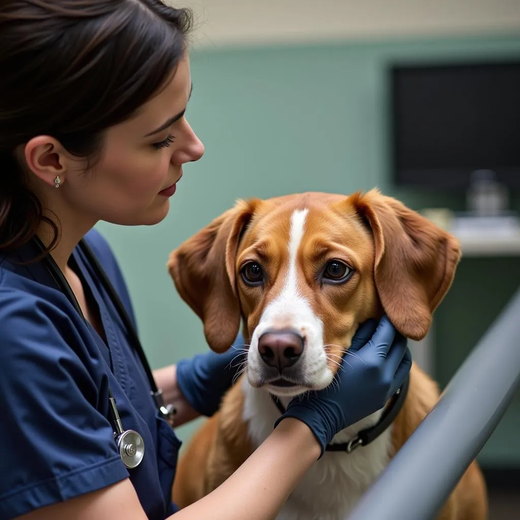 A veterinarian at Best Friends Animal Society examining a rescued dog