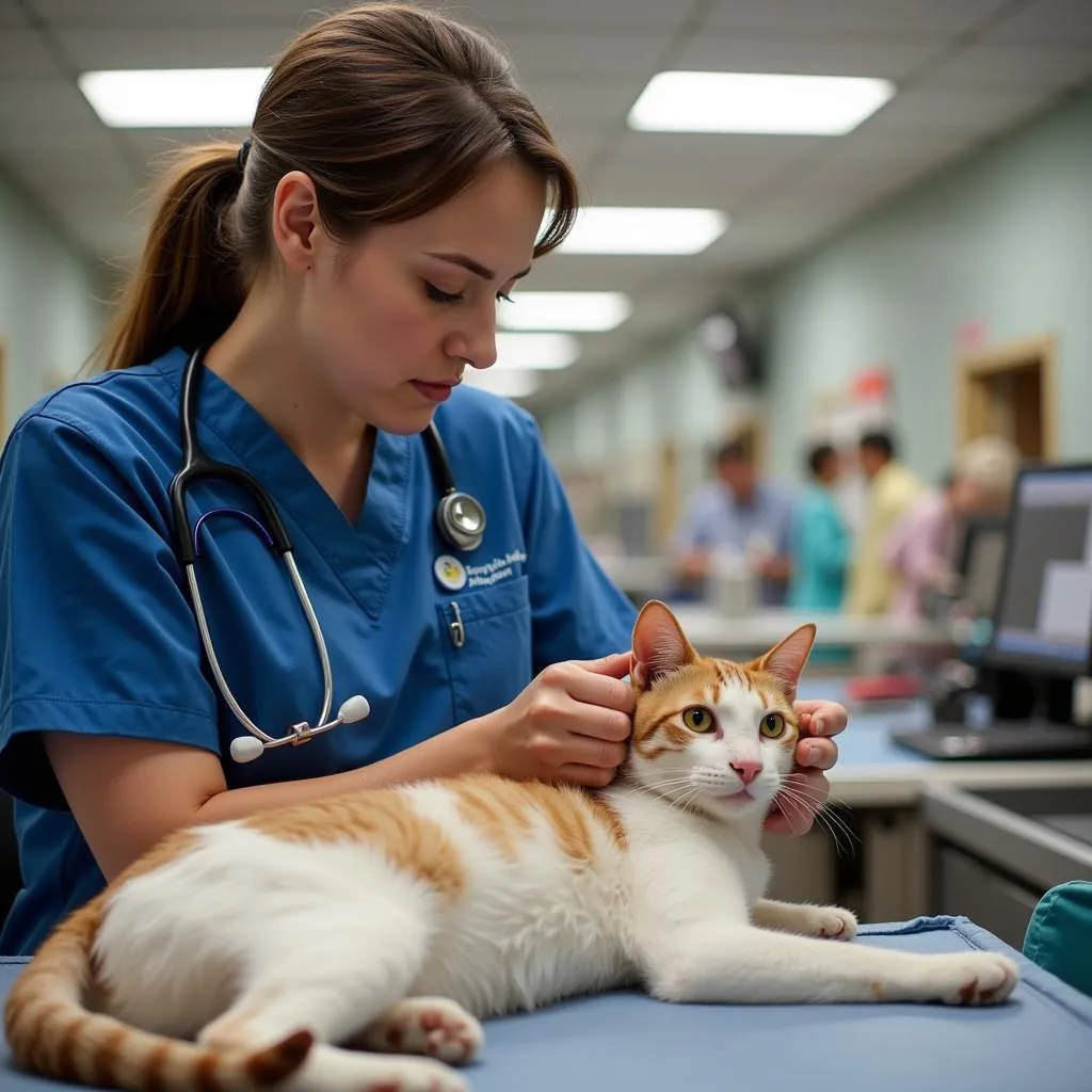 Veterinarian examining a cat at Best Friends Animal Society