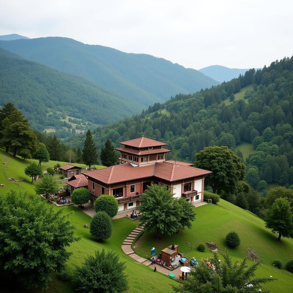 A serene landscape showcasing the Bhavana Society monastery amidst lush greenery