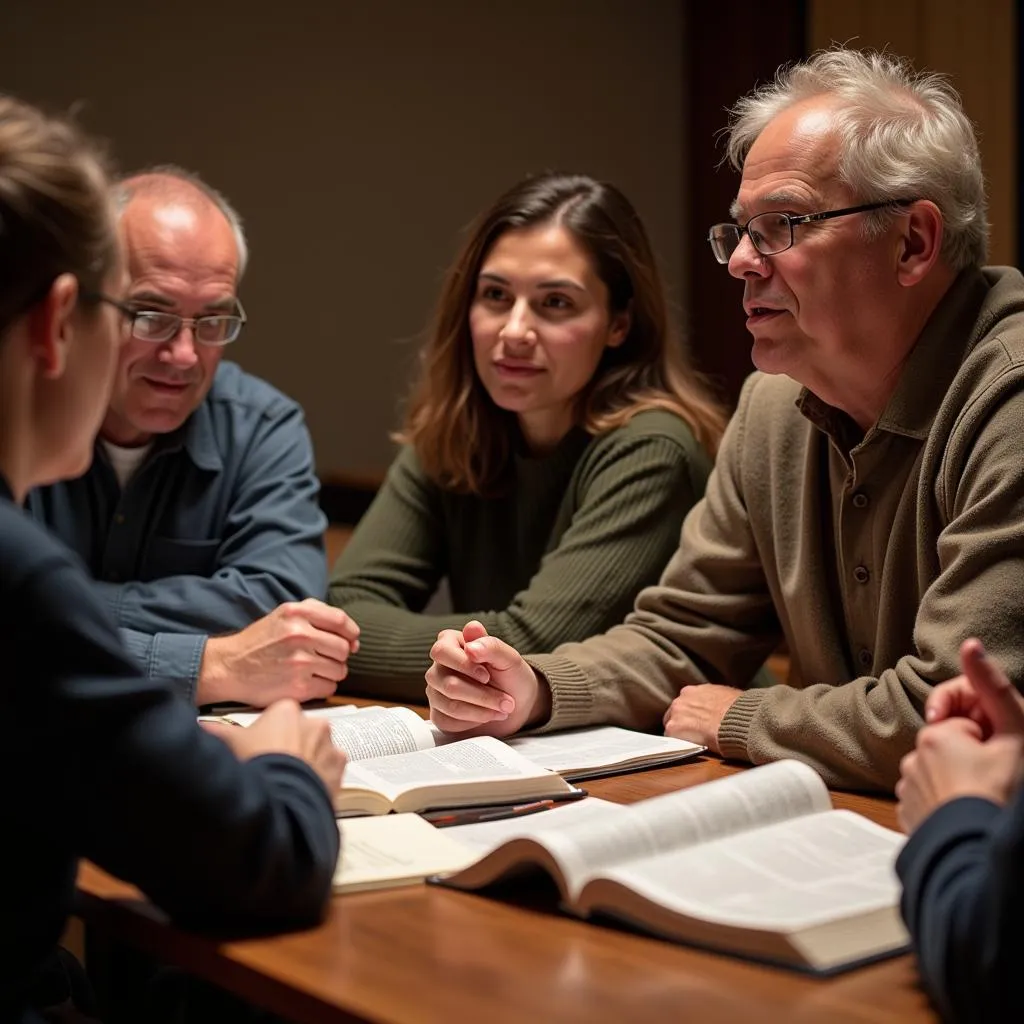 Diverse group of people engaged in a lively discussion around a table with open Bibles.