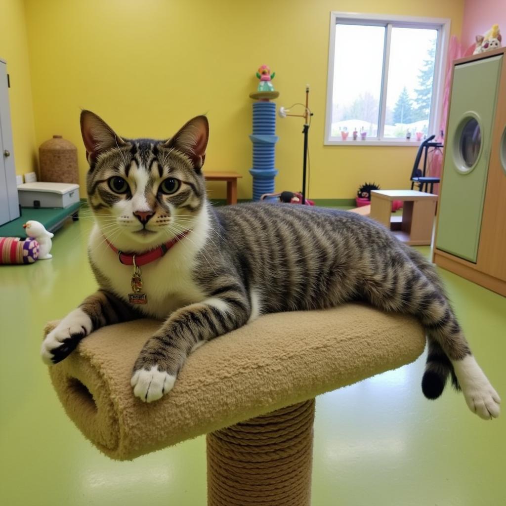 Cat relaxing in a sunny play area at the Binghamton Humane Society