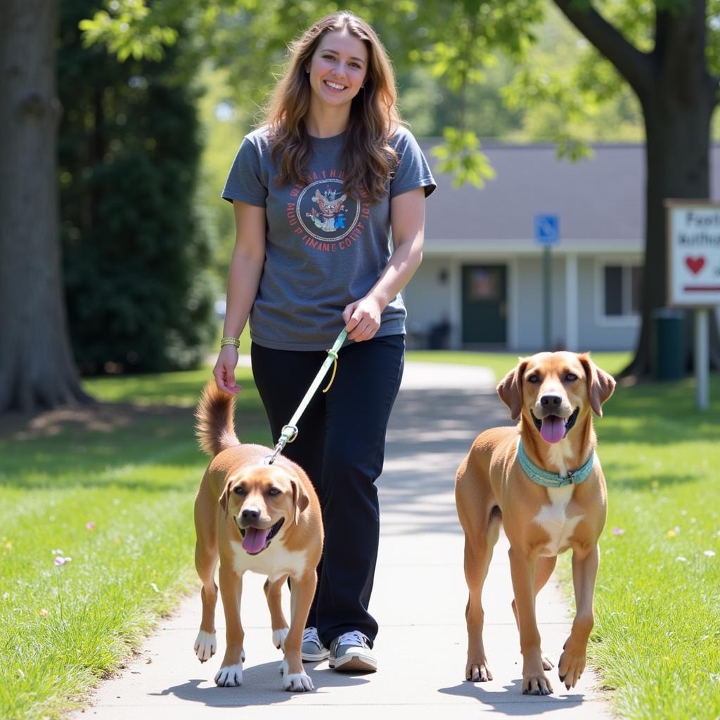 Volunteer walking a dog outside the Binghamton Humane Society