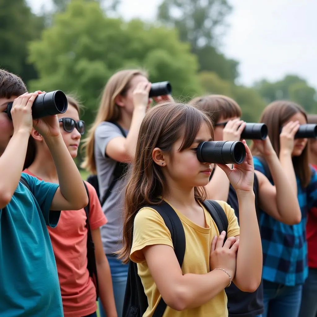 Group of people participating in a bird watching activity using binoculars to spot different species.