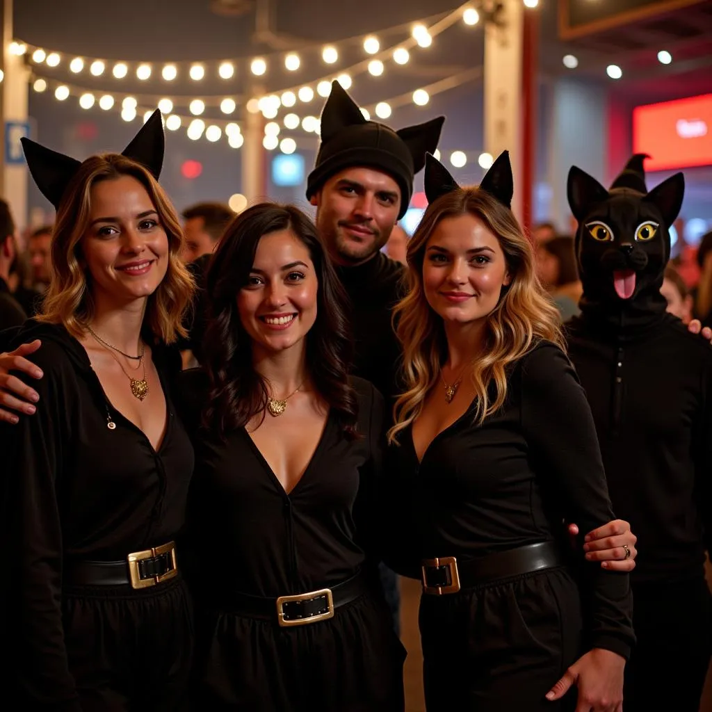 People dressed up in black cat costumes at a party