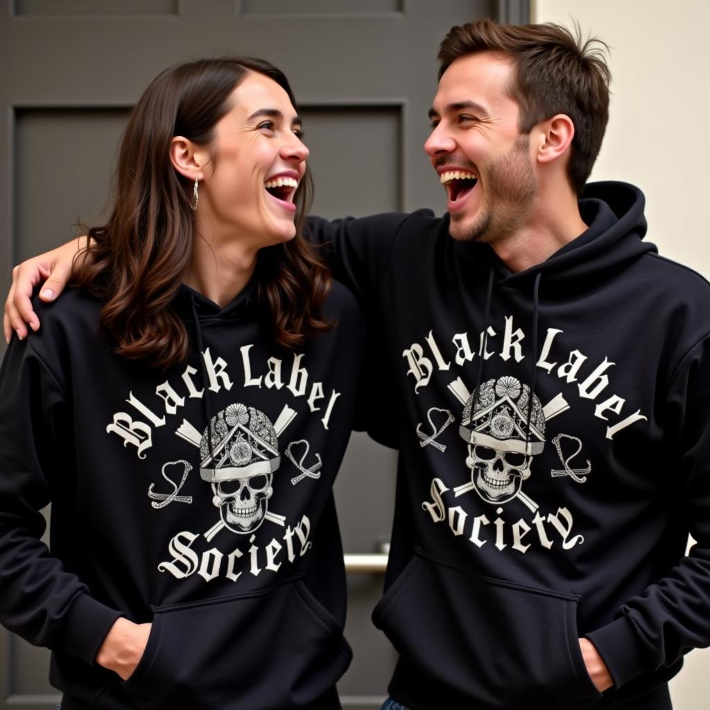 Two friends laughing while wearing Black Label Society hoodies