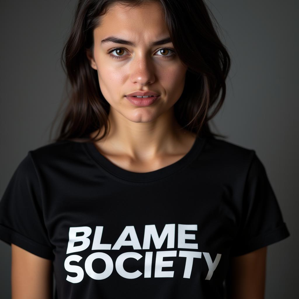 Person wearing a "Blame Society" shirt with a frustrated expression