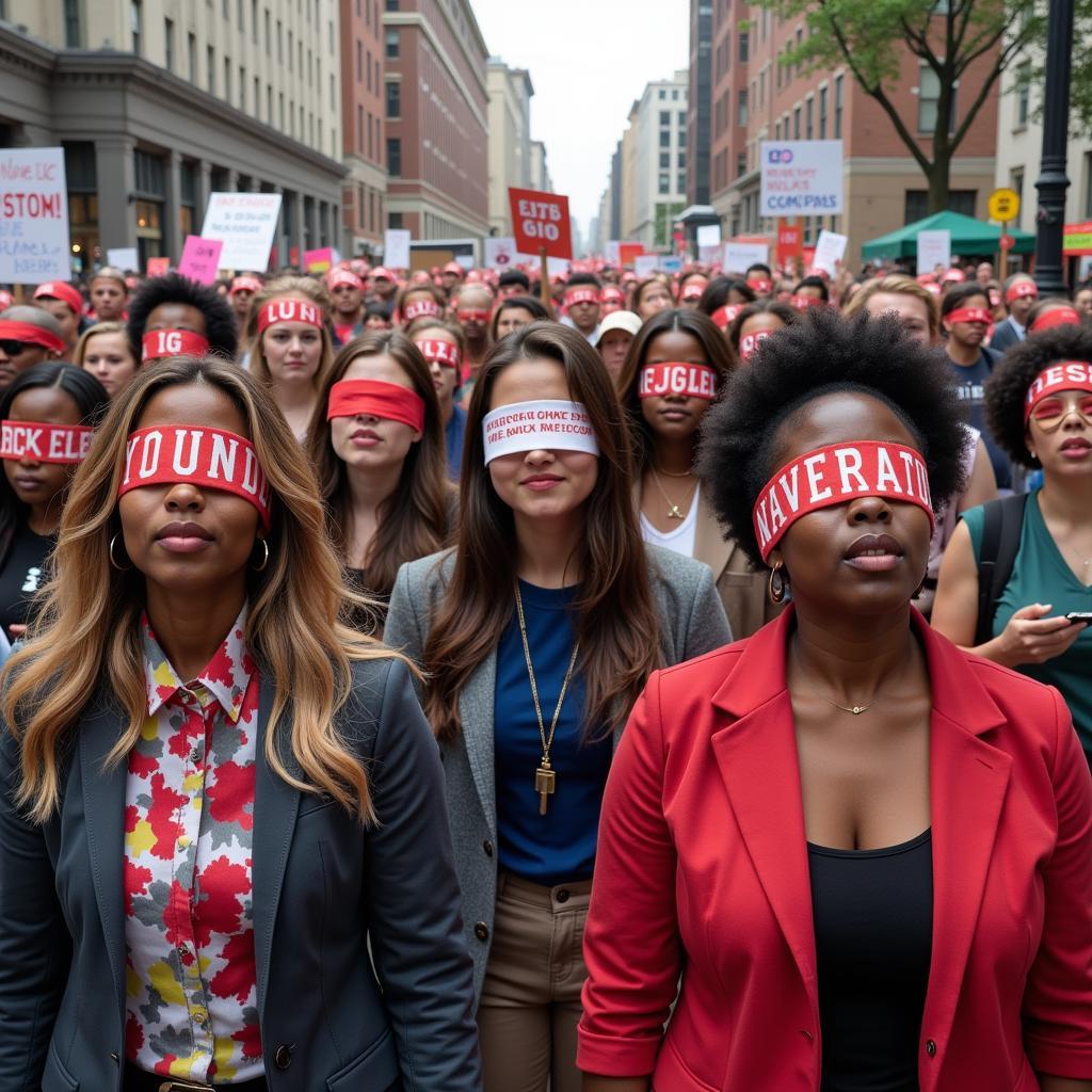 People protesting with blindfolds on, symbolizing turning a blind eye