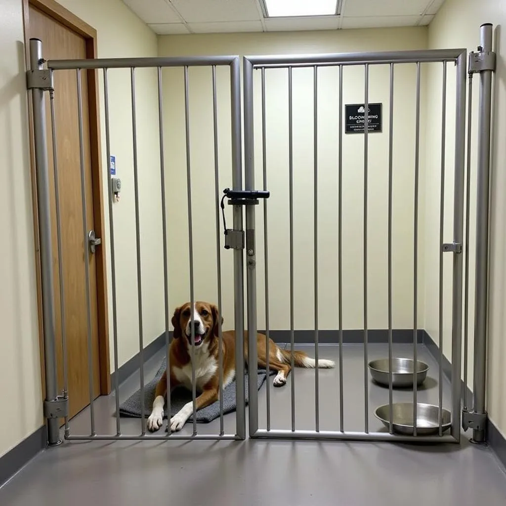 A dog patiently waits in a clean and spacious kennel at the Blooming Grove Humane Society.