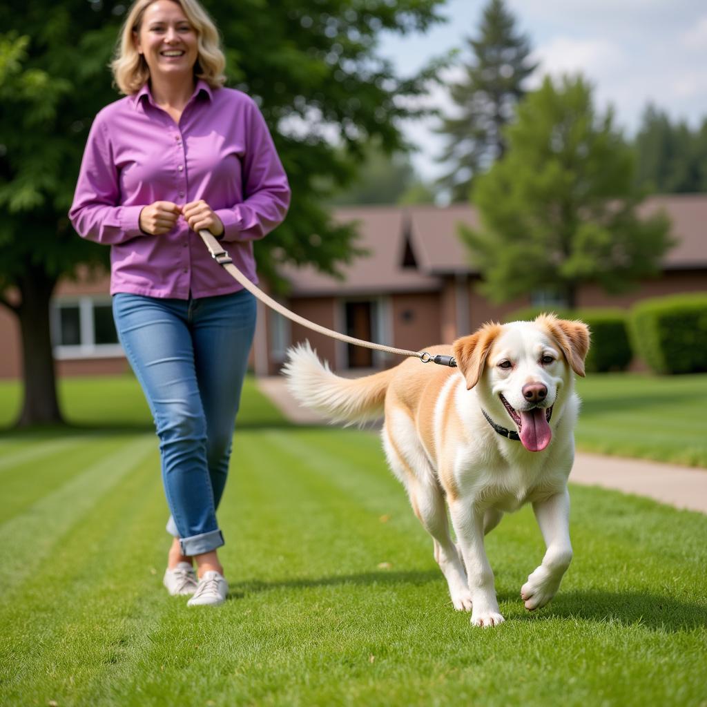 Volunteer walking a dog at the Bloomington IL Humane Society