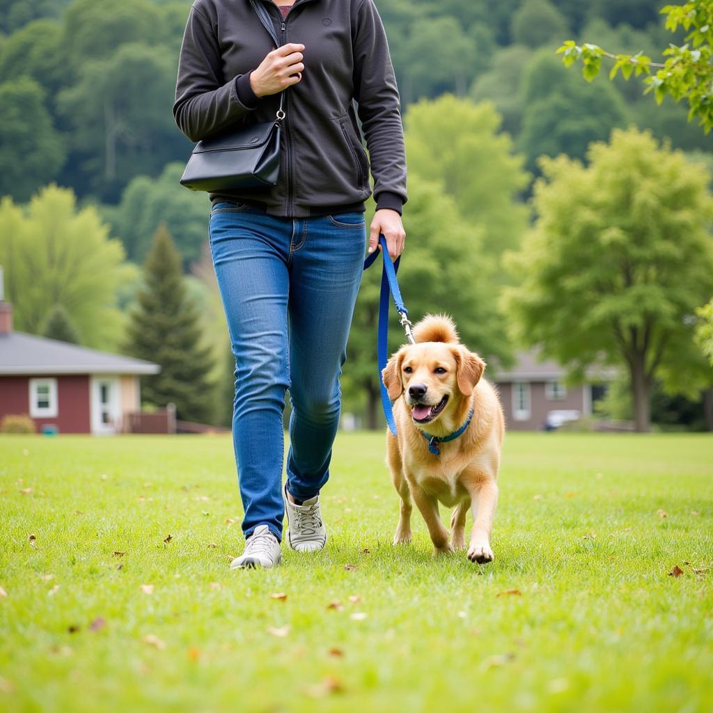 Volunteer enjoys a walk with a happy dog