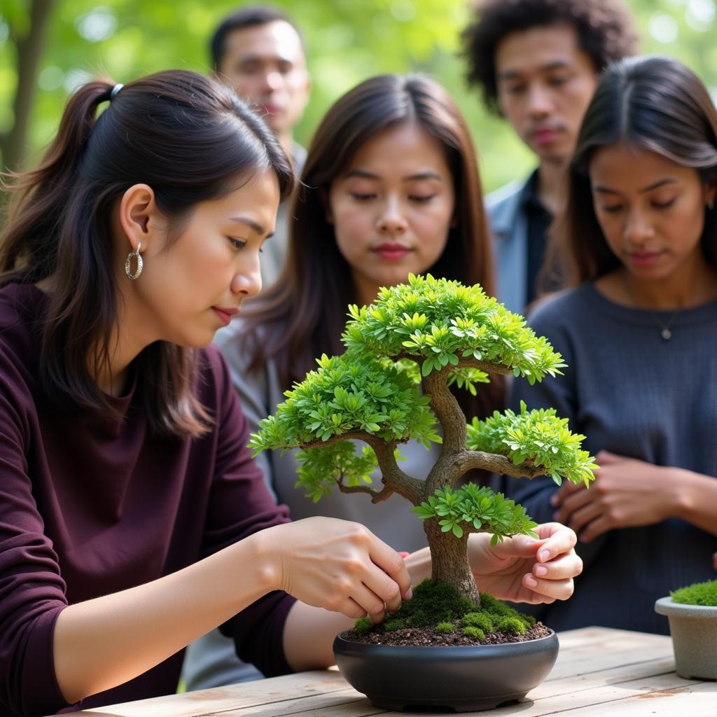  A bonsai master shares her knowledge with students.