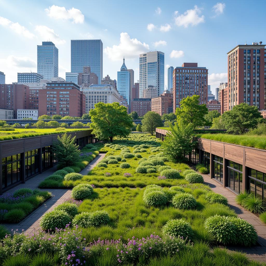 Boston skyline with green roofs and parks