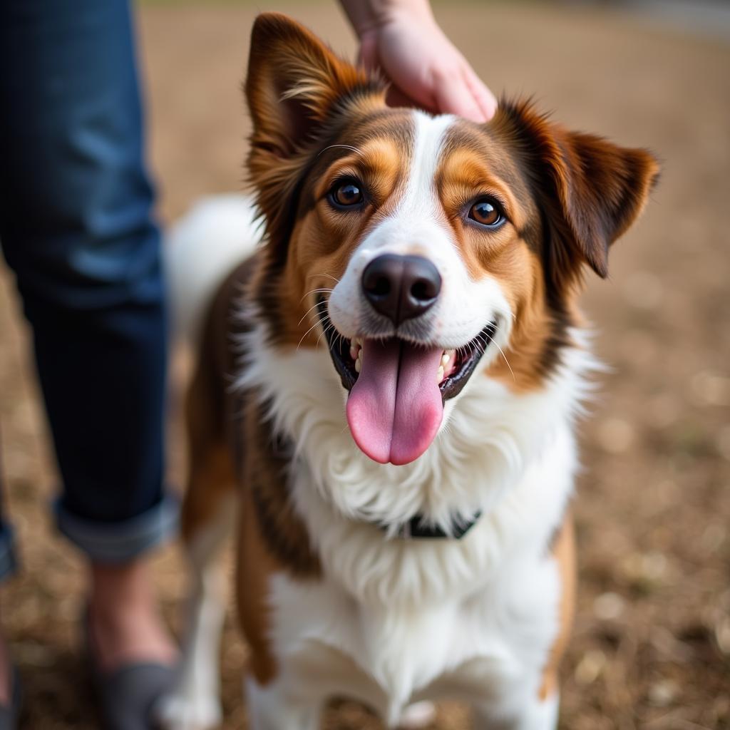 Smiling dog being petted by new owner