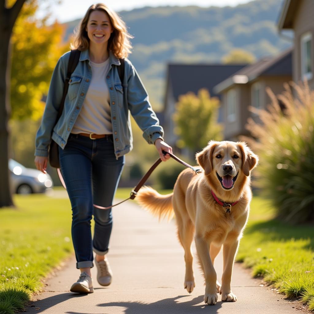 Volunteer walking a dog on a sunny day