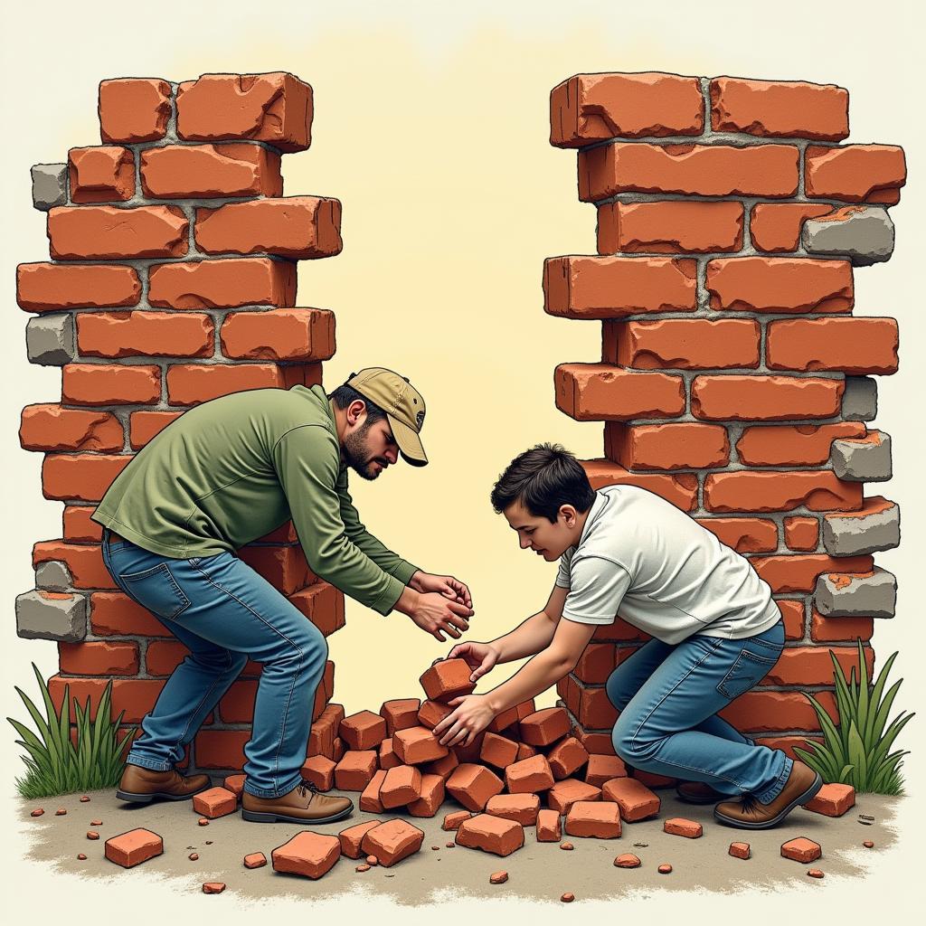 People from diverse backgrounds working together to dismantle a brick wall.