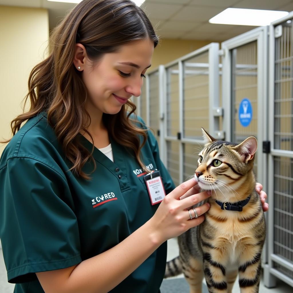 Animal Care Specialist caring for a cat at the Brevard Humane Society