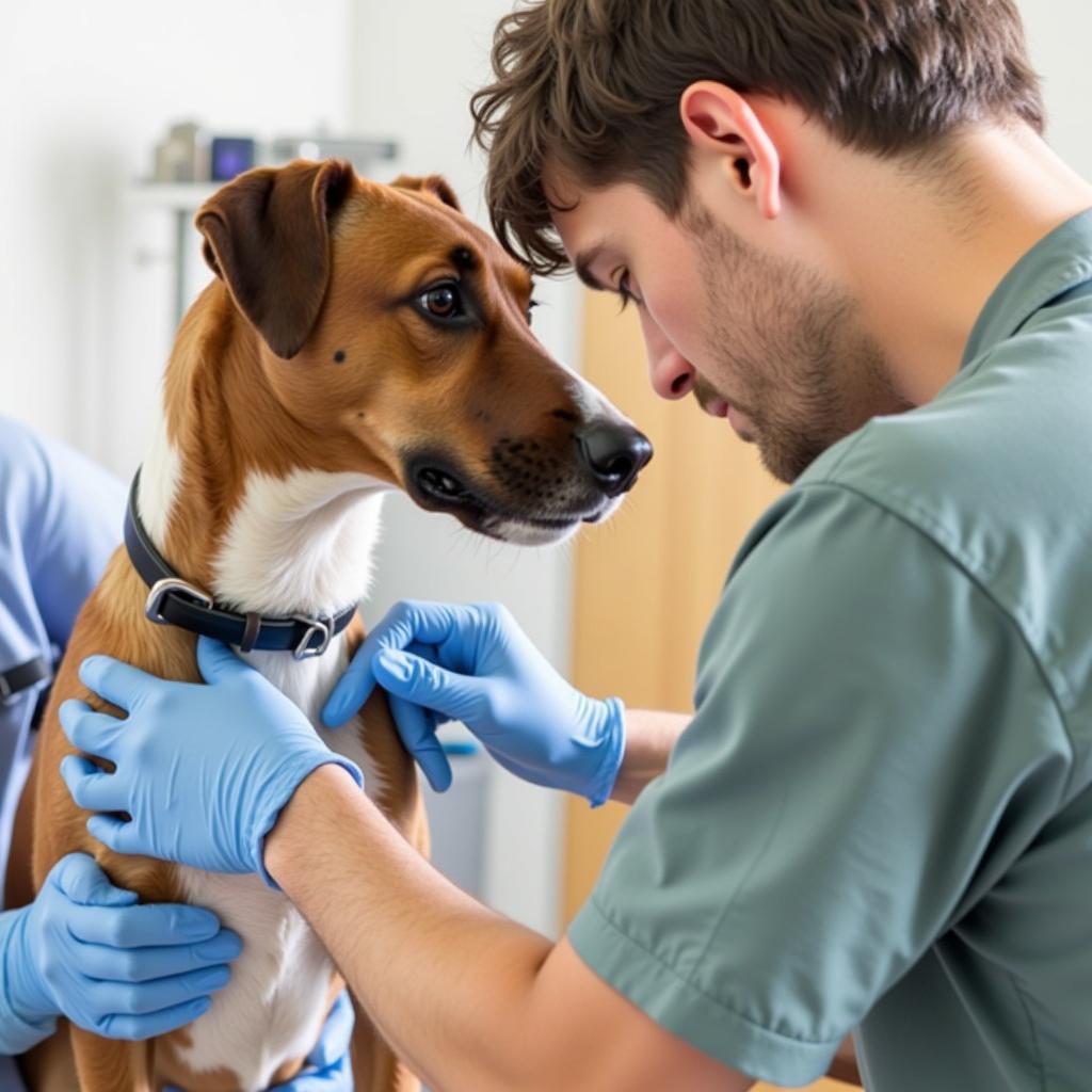 A veterinarian at the Brevard Humane Society Clinic carefully examines a dog, providing compassionate care.