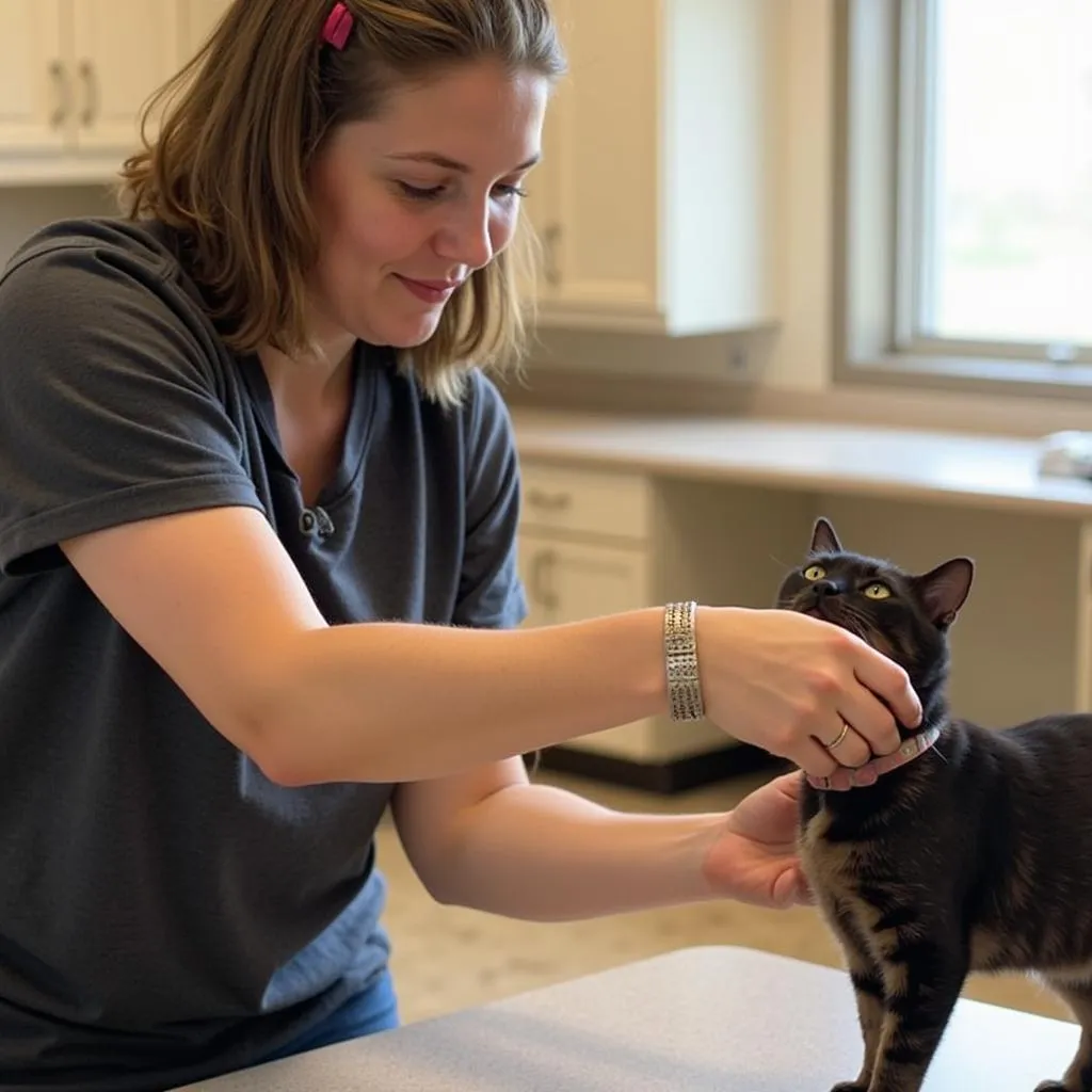 A volunteer interacts with a cat available for adoption 