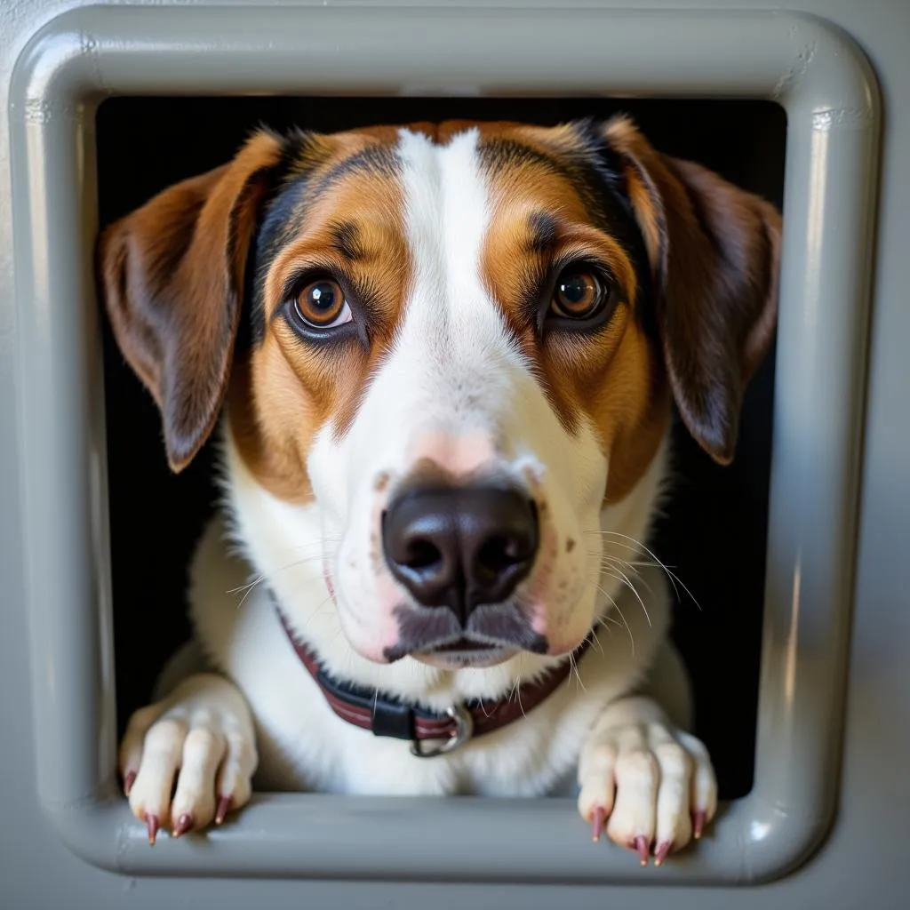 A dog peers out from its kennel at the Brookings SD Humane Society